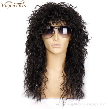 Vigorous Long Curly 80S Men Hair Wig Heat Resistant Synthetic Black Punk Puffy Headgear Fashion Heavy Rocker Style Cosplay Wig